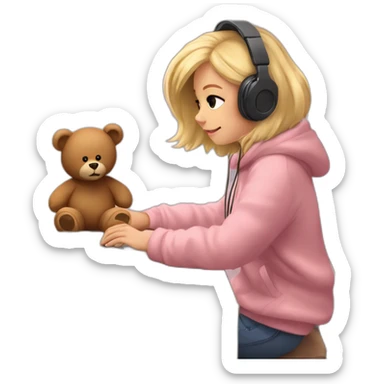 Lo-fi girl studing; headphones, brown teddy bear jumper, blonde hair; sitting at the desk with her macbook and typing on a pink keyboard sticker