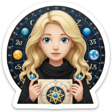 A long wavy haired blonde girl with blue eyes, wearing black, with a scarf on, holding astrology natal chart paper   sticker