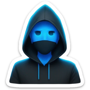 Man developer behind his laptop with this style : Alan Walker Singer neon glowing bright blue character blue black hooded hacker themed character sticker