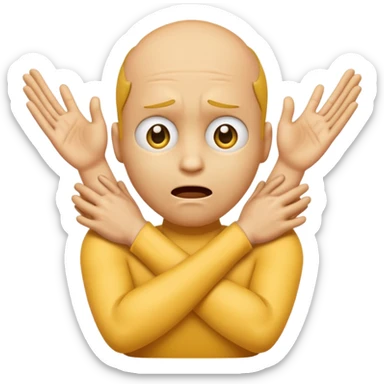 Yellow face emoji strangling itself with 2 arms crossed and hands saround neck and eyes looking up in fear sticker