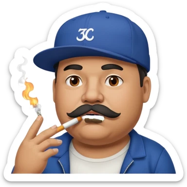 a fat dad in a hip hop cap with a tattoo, a cigarette in his mouth, and a mustache. sticker