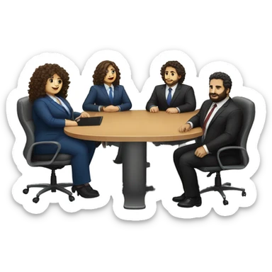 work meeting table 3 men and 4 women sitting on a table wearing suits the women have curly hair and one of the men is fat with a beard and of them is tanned with curly hair sticker