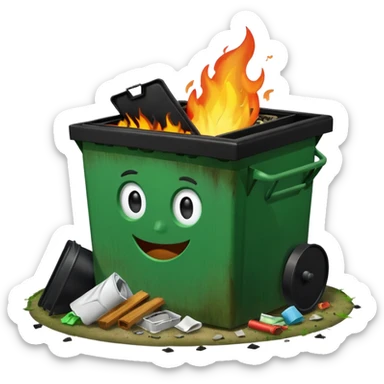 Green happy dumpster with an open black lid and a fire burning only inside it. there is litter and trash on the ground around it not burning sticker