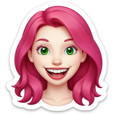 Young girl with pale skin, full pink lips smiling with big teeth, red long hair, big brown eyes with a hint of green, big mouth sticker