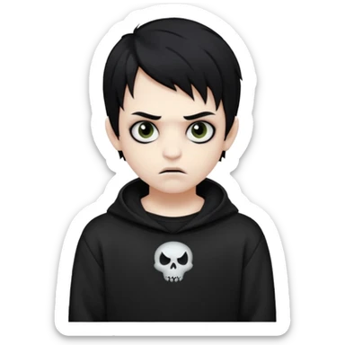 Vampire boy with the black emo hair, pale-white skin, black eyes, little fangs and dark circles under his eyes. He has serious face and he wear a black oversize sweatshot sticker