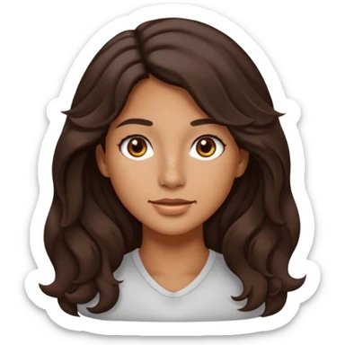 A woman with a medium tan skin tone, long wavy dark brown hair, and black eyes. She has very light, barely visible freckles across her nose and cheeks. Her features are soft and natural. Portrait in emoji style, showing her from the shoulders up. sticker