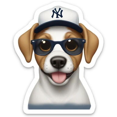 Dog wearing sunglasses and a Yankees hat sticker