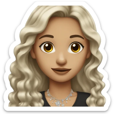 a girl with black long wavy hair, wearing an e necklace, shes wearing elegant clothes and jewelry with natural makeup  sticker