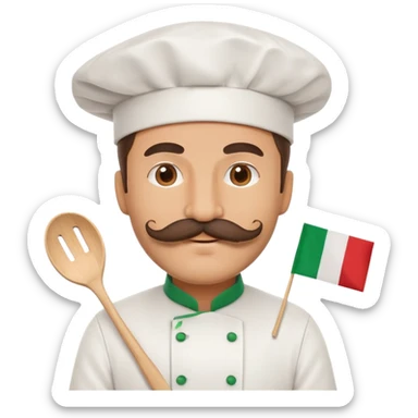 Paper fan with the design of an Italian man with a thick mustache, Italian flag colors, chef hat sticker