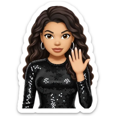 Jordin Sparks with long dark brown hair, black sequin outfit sticker