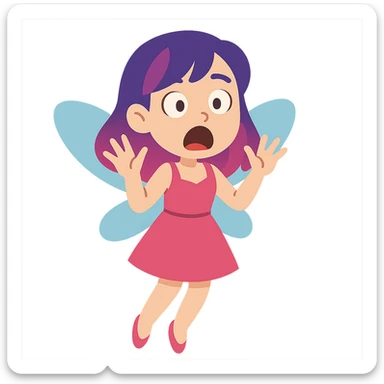 flat toon style white girl with purple and pink hair, shocked fairy expression sticker