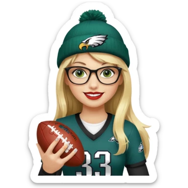 full length women wearing eagles uniform, long blonde hair, styled bangs, green eyes, black glasses, holding football, number 33, smiling, lipstick, eagles beanie sticker