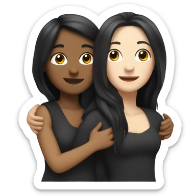 A lesbian couple that both have white skin and long black hair are hugging intimately, and romantically. sticker