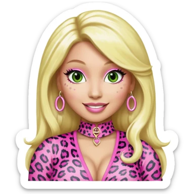 Smiling Green eyed light white skin Nicki Minaj wearing a pink leopard print outfit with blonde hair sticker