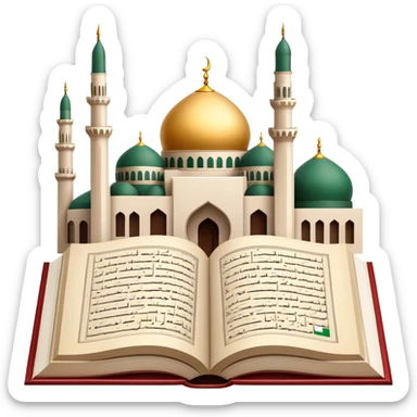An icon featuring the mosque and the flag of an Arabic-speaking country, symbolizing the Arabic language. The design includes an open book with Arabic script and calligraphy, representing language learning and cultural heritage. Transparent background sticker