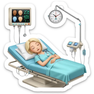 A woman in her 50s lying on an examination bed with eyes closed, shown in a wide, full-body view in a clean colonoscopy procedure room. Only the patient is visible. sticker