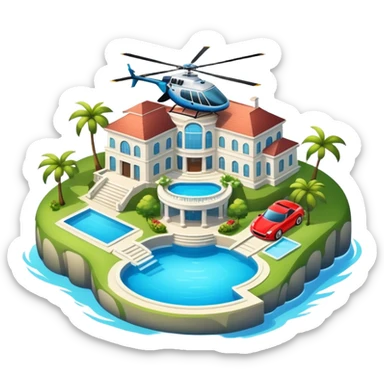 An island with big mansion with a swimming pools and fancy cars and a helicopter  sticker