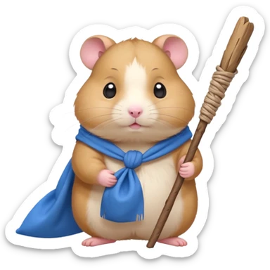 Cute fat cartoon-style hamster carrying a stick with a tied blue cloth bundle (bindle) over its shoulder with a melancholy expression. sticker