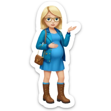 18 year-old pregnant blonde girl with golden glasses with blue eyes in a bright blue dress and a dark green jacket and brown boots sticker