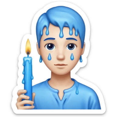 A blue candle held by a hand at 45 degree angle, wax dripping down sticker