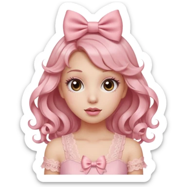 “Emoji girl, doe eyes, long fluttery lashes, soft pink blush, glossy rose lips, ribbon hair bow, romantic curls, wearing pastel pink lace top.” sticker
