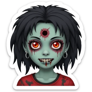 girl, zombie, black coily hair, medium long, emo, shaggy, dark, spooky,double eyebrow dermal piercing, cute illuminous smile sticker
