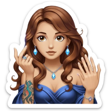 mystic woman long wavy brown hair tattoos lighting crystal with fingertip sticker