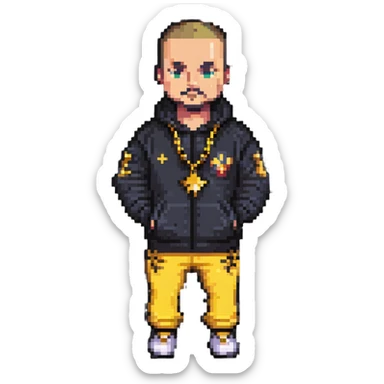 Russian gangster wearing a tracksuit and gold chain, pixel art style sticker