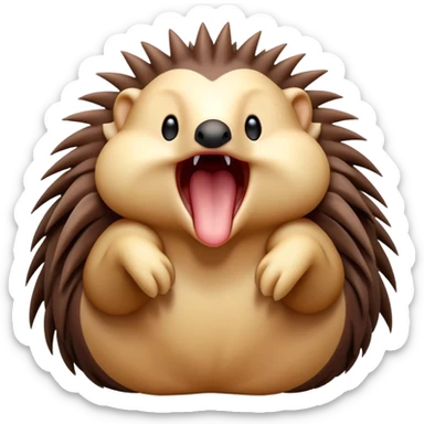 Cinematic Cute Yawning Echidna Portrait Emoji, Head tilted slightly with a dramatic, wide-open yawn, showcasing a soft, downy spiky fur with a slightly drooping snout and small, drowsy eyes, Simplified yet irresistibly adorable features, highly detailed, glowing with a soft, cozy glow, high shine, relaxed yet expressive, stylized with a touch of prickly whimsy, bright and endearing, soft glowing outline, capturing the essence of a sleepy yet affectionate echidna, so drowsy it feels like it could curl up out of the screen for a nap! sticker