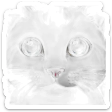 a cat with a pink nose, a little gray age, blue eyes and a white lower face sticker