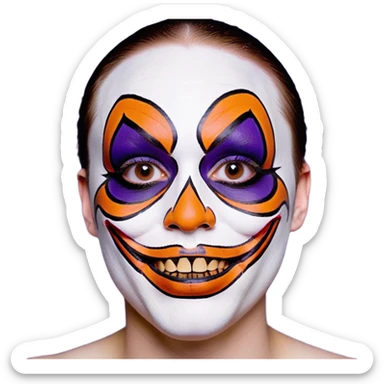 Juggalo smiley face that is Perfectly round and hairless with white skin with realistic human brown colored eyes and elaborate but symmetrical thin lined face paint that covers most of the area of their face from the top of the forehead down the sides of their chin to the bottom of their face that is orange outlined in dark purple, with an unrealistic anatomically impossible grin with broken teeth and look in their eyes that is menacing sticker