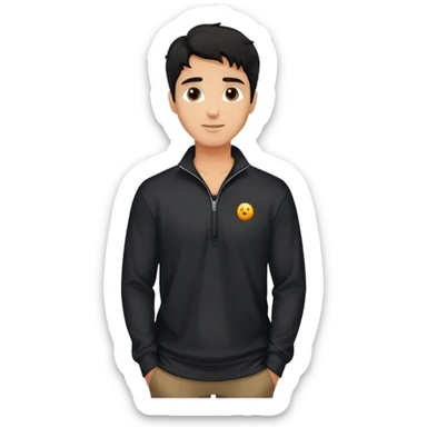 Relaxed fit black quarter-zip shirt on man with wavy black hair, not form-fitting sticker