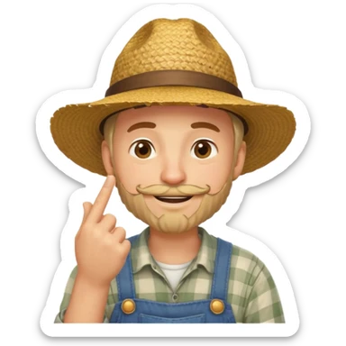 “A single emoji-style character combining 👨‍🌾😄 and 🤔: a smiling farmer man with a straw hat, friendly face, and light beard, holding one hand under his chin in a thinking gesture. His index finger rests under his face, eyes looking slightly upward as if thinking.  sticker