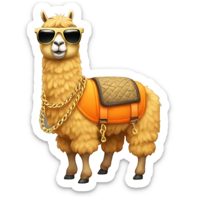 llama wearing an orange puffer vest and sun glasses full body gold chain sticker