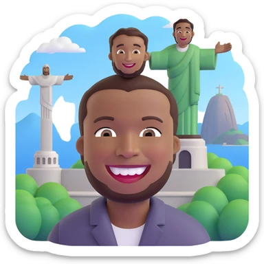 smiling black man with big teeth, standard male haircut, oval face, with Christ the Redeemer statue in the background, Rio de Janeiro, no glasses sticker
