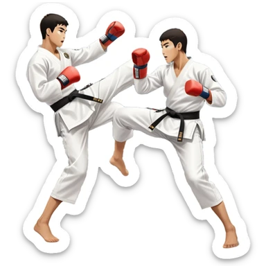 Two taekwondo fighters in traditional white doboks with black belts. One delivers a powerful kick, while the other defends by blocking with his knee. The background shows a professional arena with bright lights and an excited crowd. Transparent background highlights the intense action sticker