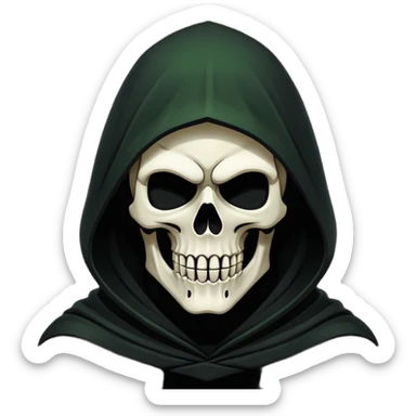 Icon of the Grim Reaper's face. His skull is stylized, his hood is tattered. He is [например: winking with a sly grin]. Clean, flat vector art, high contrast. Stylized as a modern logo or a medieval woodcut. Strictly black and white with one accent color like dark moss green or deep crimson.  sticker