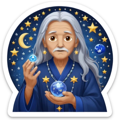 The Dream Interpreter will be depicted as an elderly figure with long, silver hair and a piercing gaze.  He will be dressed in a long, dark blue robe, decorated with embroidered stars and moons.  🌟 He will hold a crystal ball 🔮 in his hand, in which hazy images of dreams can be seen sticker