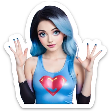 Tall-very large chest-hand heart emoji-long legs-model beautiful face-black leggings-hands making heart emoji-light-pink-lips-very long-very-straight-dark-blue-ombre-hair-and-blue-eyes-thick-black-eyeliner-thick-long-eyelashes-sky blue with glitter superman low cut tank top-silver-hoop-earrings sticker