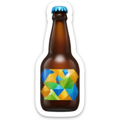 Botella de cerveza marron llena con etiqueta blanca y diseños azules amarillos, naranjas y verdes creando motivos arabes de geometría sticker
