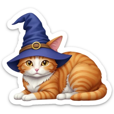 full body ginger tabby cat flopped over on her side wearing an indigo witch hat sticker
