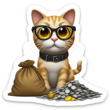 cat in brutal glasses with a bag of coins sticker