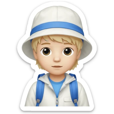 A little boy student white skin, blonde hair, with white bucket hat, white jacket, blue backpack sticker