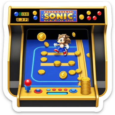 An icon showing a retro arcade screen with pixelated characters like a speedy hedgehog Sonic jumping and collecting coins. The game environment includes obstacles, power-ups, and vibrant colors, evoking the excitement and nostalgia of classic arcade games. transparent background. sticker