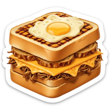 BBQ pulled pork frisco melt on texas toast with crispy onions, no egg on top sticker