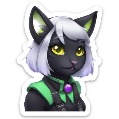 Gorgeous furry gothic dark techwear anime style anthro black cat furry sona Fakemon with blushing face yellow-green eyes with ponytail, aesthetic and pretty edgy black with violet collar and harness trending style sticker