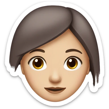 white girl with brown eyes, long straight dark brown hair, curtain bangs, and a magenta jacket sticker