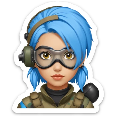 blue curly haired paintball playergirl with huge earrings, wearing paintball eye mask helmet sticker