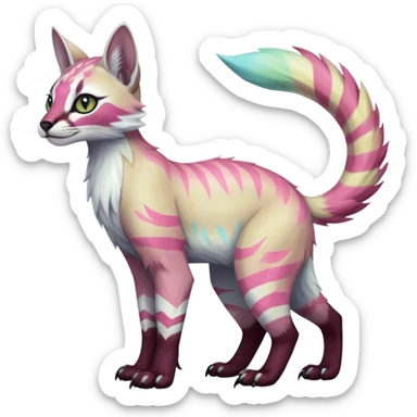 Colorful tropical tribal pale light fruity pastel white glorious iridescent divine exotic cute albino neon vibrant zigzagged cool beautiful fantasy-caracal-civet-genet-sergal-vernid-Gryphon-Cacomistle-Trico-oncilla-animal-Fakémon-hybrid-fursona (full body), facial markings,  sticker