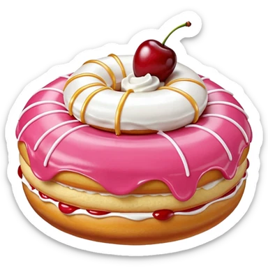 Round donut with smooth shade pink icing and thin white drizzle lines, golden-brown dough visible on the sides.
White whipped cream dollop in the center topped with a glossy red cherry and stem, clean studio lighting, pure white background, realistic minimal emoji-style. sticker